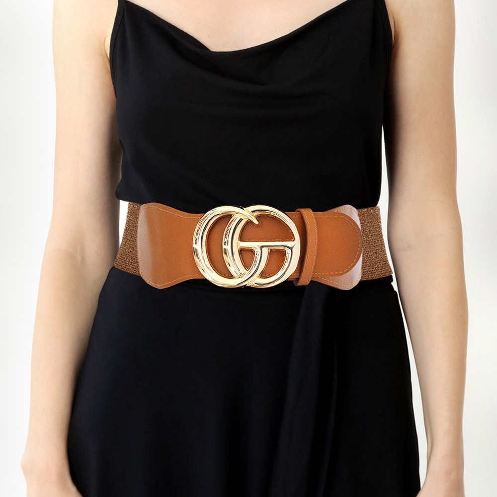 Oversized Metal Buckle Accented Elastic Statement Belt